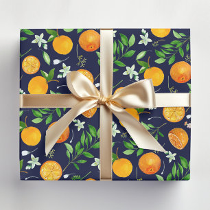 Papel De Regalo Patrón Botánico Floral de Citricos Naranja Verano
