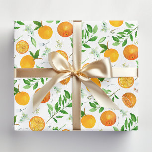 Papel De Regalo Patrón Botánico Floral de Citricos Naranja Verano