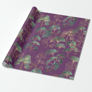 Papel De Regalo Patrón Botánico Japonés Ginkgo Dorado Púrpura
