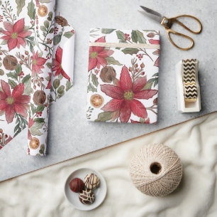 Papel De Regalo Patrón botánico tradicional de poinsettia de Navid