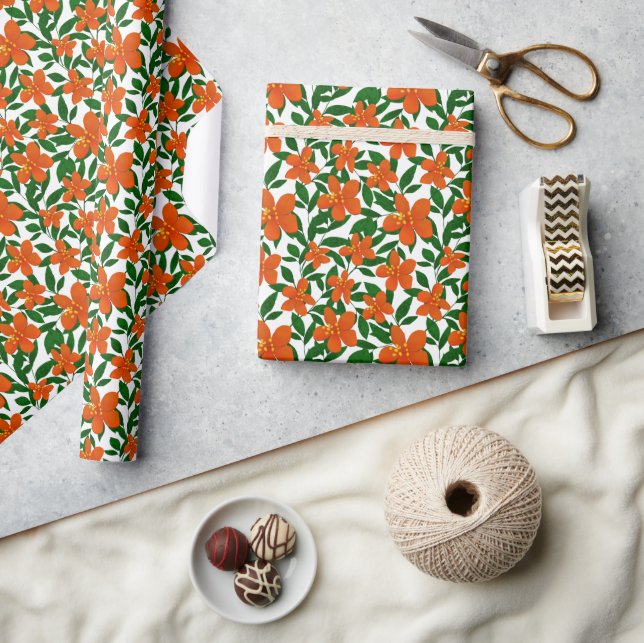 Papel De Regalo Patrón botánico verde floral rojo naranja (Artesanía)
