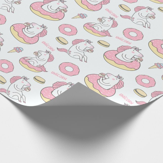 Papel De Regalo Patrón caprichoso de Donuts y Unicornios (Esquina)