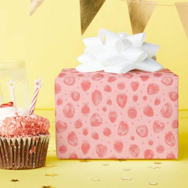 Papel De Regalo patrón caprichoso de fresa sobre rosa (Fiesta de cumpleaños )
