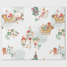Papel De Regalo Patrón caprichoso de Santa Elfos en acuarela