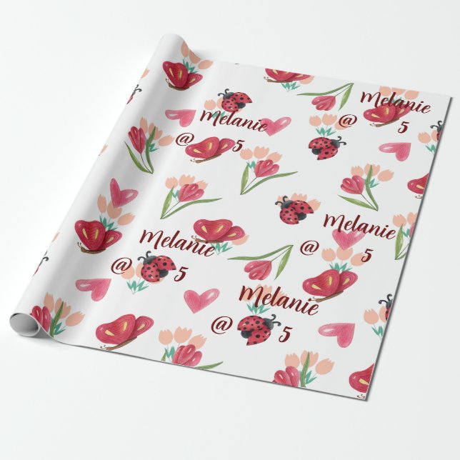 Papel De Regalo Patrón cardíaco de garabato, mariposa y tulipán (Desenrollado)