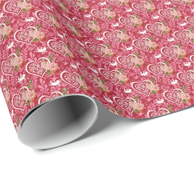 Papel De Regalo Patrón cardíaco floral de El día de San Valentín v (Esquina del rollo)