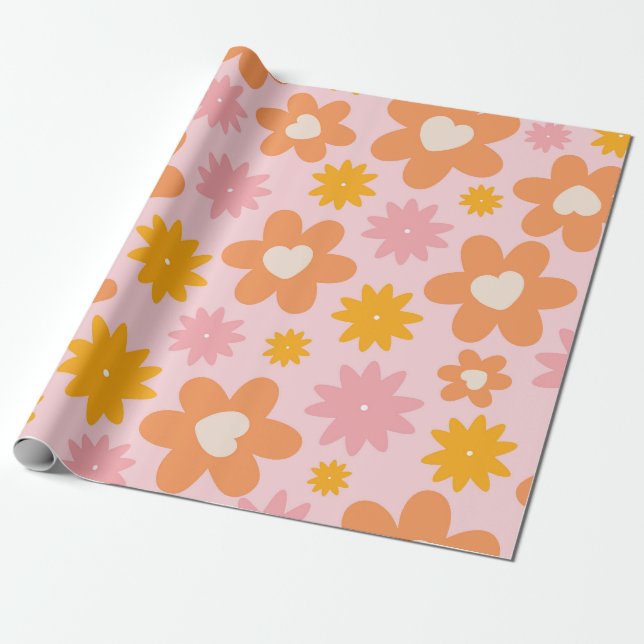Papel De Regalo Patrón cardiaco floral retro (Desenrollado)