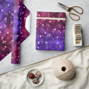 Papel De Regalo Patrón Celestial con Brillo Ombre de Rosa y Púrpur