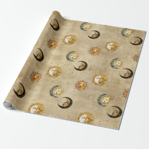 Papel De Regalo Patrón Celestial Cósmico de Estrellas y Luna de Or