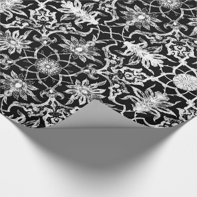 Papel De Regalo Patrón chino de Art Nouveau - blanco sobre negro (Esquina)