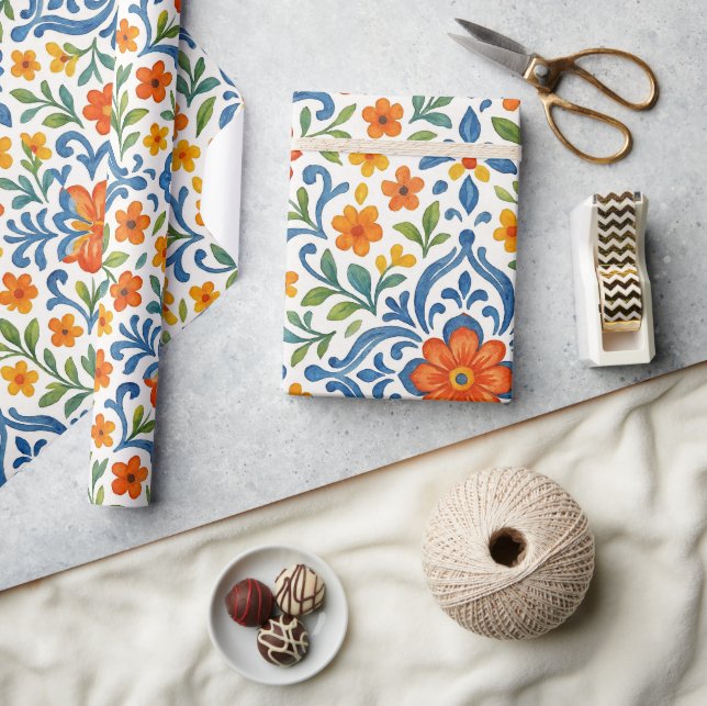 Papel De Regalo Patrón clásico de arte floral de la etnia mediterr (Artesanía)