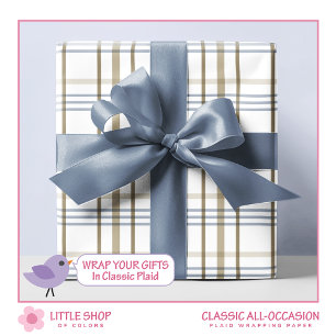 Papel De Regalo Patrón Clásico de Cuadros Beige y Azul