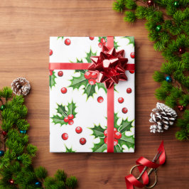 Papel De Regalo Patrón clásico de hojas y bayas de árbol de acebo 