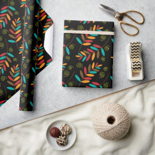 Papel De Regalo Patrón Colorido de Hojas de Otoño en Negro