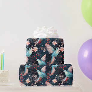 Papel De Regalo Patrón colorido de invierno con colibríes y flores