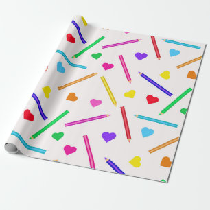 Papel De Regalo Patrón colorido de lápices escolares con corazones