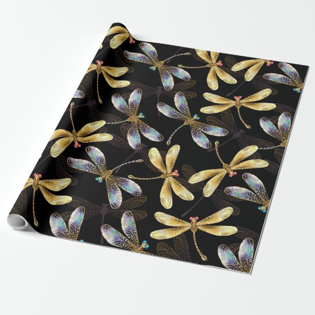 Papel De Regalo Patrón continuo con libélulas doradas (Desenrollado)
