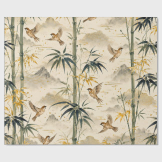 Papel De Regalo Patrón continuo de bambú japonés y gorrión – Botan