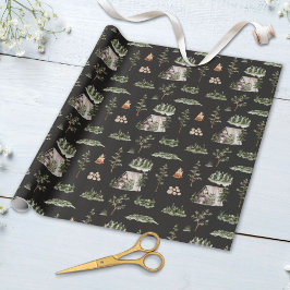 Papel De Regalo Patrón continuo de cabaña en el bosque con acuarel
