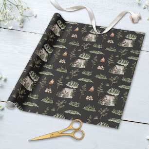 Papel De Regalo Patrón continuo de cabaña en el bosque con acuarel