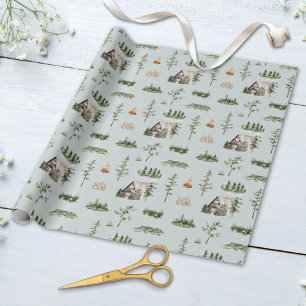 Papel De Regalo Patrón continuo de cabaña en el bosque con acuarel