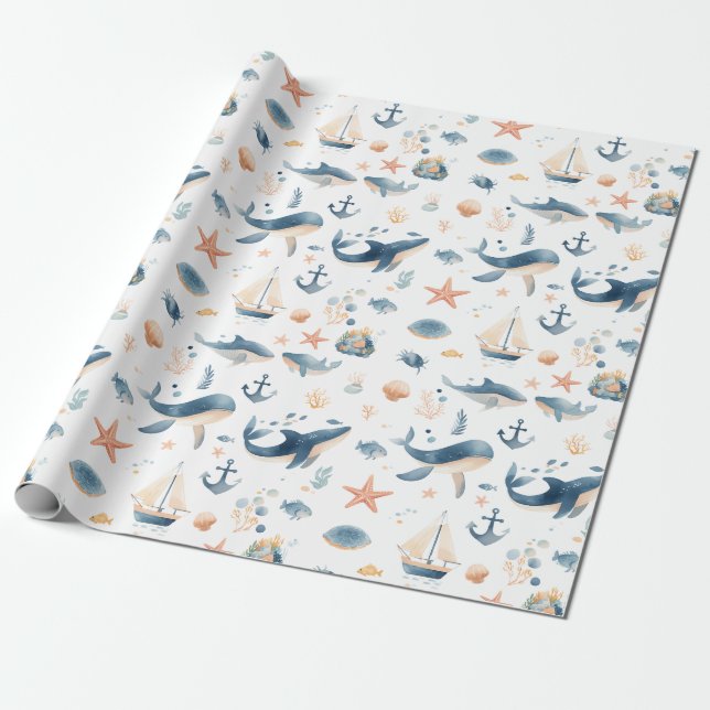 Papel De Regalo Patrón continuo de delfín acuarela (Desenrollado)