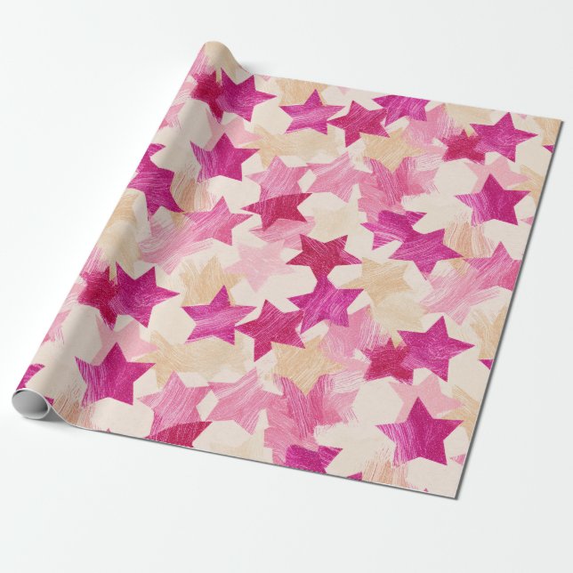 Papel De Regalo Patrón continuo de estrella angustiado rosa (Desenrollado)