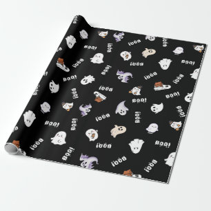 Papel De Regalo Patrón continuo de Fantasma en Blanco y Negro y Bo