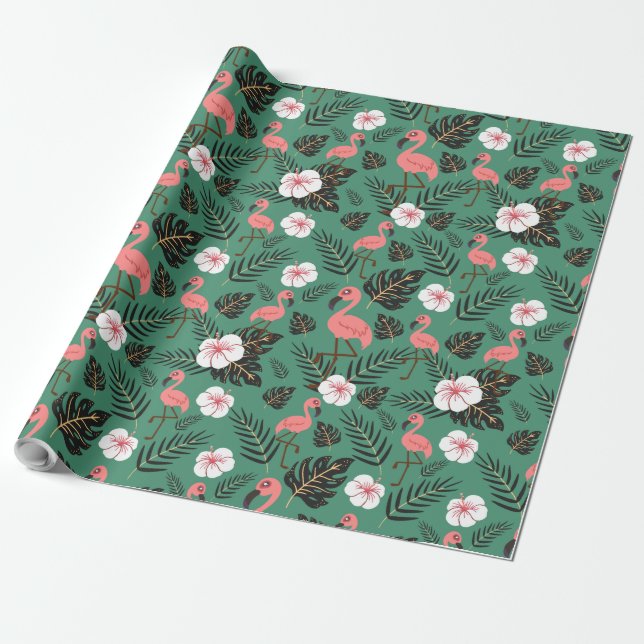 Papel De Regalo Patrón continuo de flamenco rosa sobre fondo verde (Desenrollado)