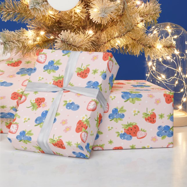 Papel De Regalo Patrón continuo de fresa y arándano (Vacaciones)