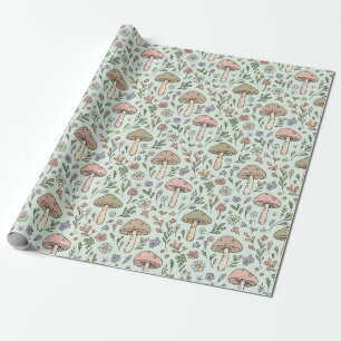 Papel De Regalo Patrón continuo de hongos botánicos en verde menta