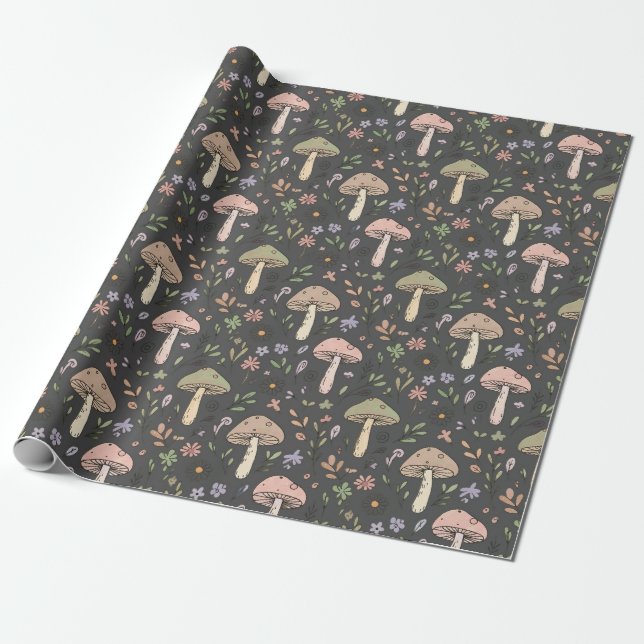 Papel De Regalo Patrón continuo de hongos terrosos en gris carbón (Desenrollado)