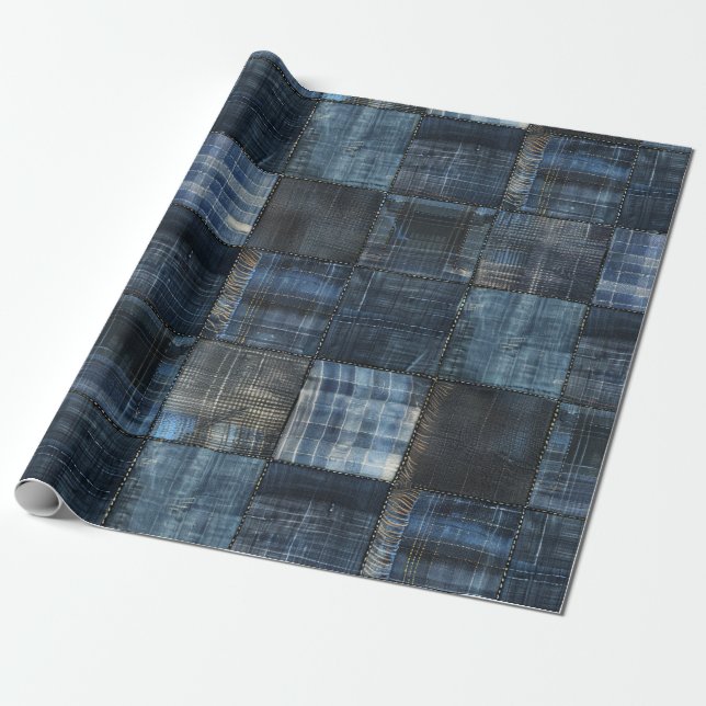 Papel De Regalo Patrón continuo de patchwork de mezclilla índigo (Desenrollado)