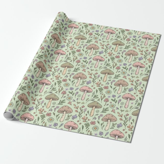 Papel De Regalo Patrón continuo terroso de hongo verde salvia (Desenrollado)