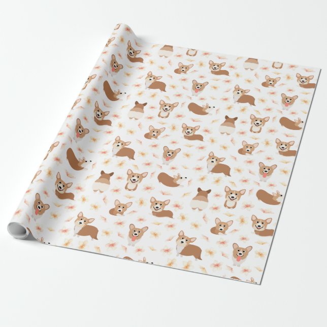 Papel De Regalo Patrón Corgi Sakura Cherry Blossom (Desenrollado)