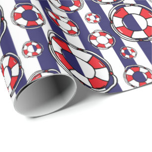 Papel De Regalo Patrón costero de la franja azul náutica Lifebouy