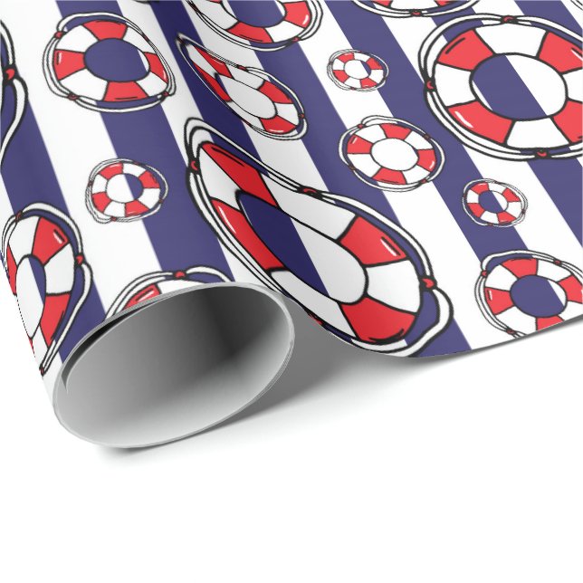 Papel De Regalo Patrón costero de la franja azul náutica Lifebouy (Esquina del rollo)