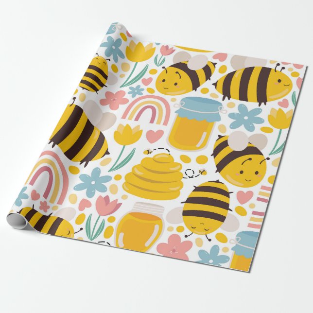 Papel De Regalo Patrón de abejas de primavera alegre (Desenrollado)