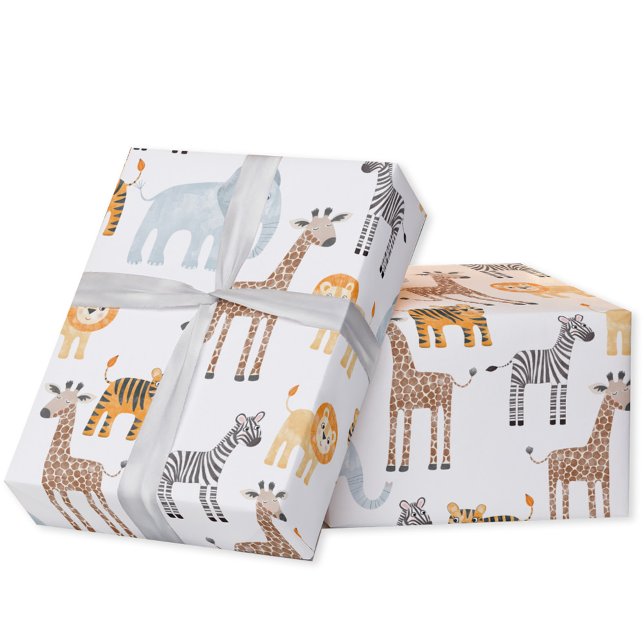 Papel De Regalo Patrón de acuarela animal de Safari para bebé lind (Cute watercolor Safari Animals baby lion, giraffe  & elephant gift wrapping paper roll)