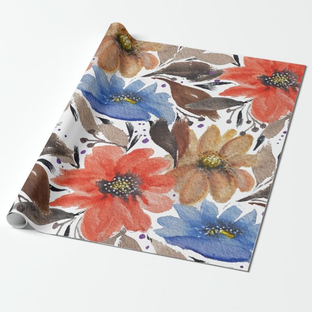 Papel De Regalo Patrón de acuarela azul de Pastel Terracotta (Desenrollado)