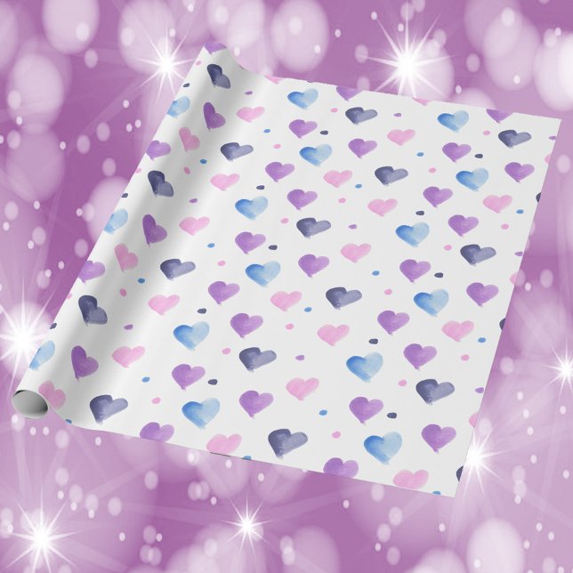 Papel De Regalo Patrón de acuarela Azul rosa Púrpura (Gift wrapping with a heart and polka dot pattern done in pink, blue and purple.)