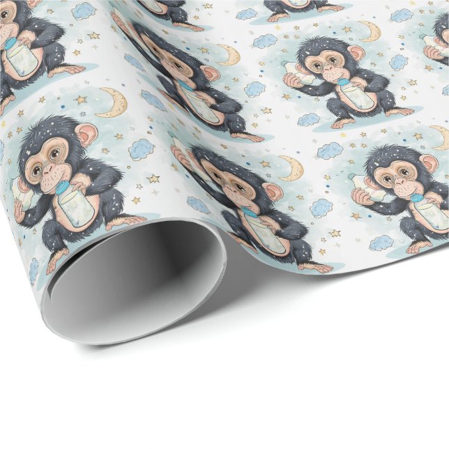 Papel De Regalo Patrón de acuarela Bonobo Cute Baby Pastel (Esquina del rollo)
