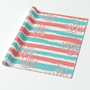 Papel De Regalo Patrón de acuarela costera con rayas de coral