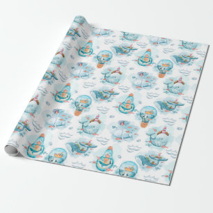 Papel De Regalo Patrón de acuarela de ballenas náuticas