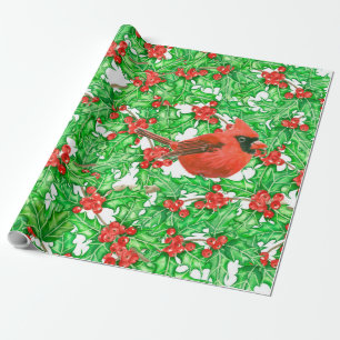 Papel De Regalo Patrón de acuarela de bayas cardinales y holadas