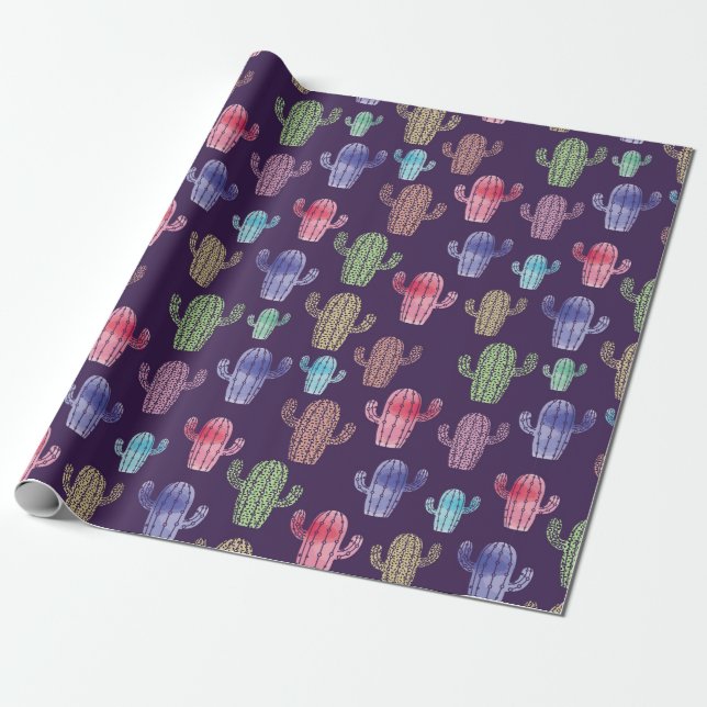 Papel De Regalo Patrón de acuarela de cactus de moda  (Desenrollado)