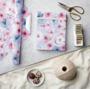 Papel De Regalo Patrón de acuarela de cereza rosa azul pastel de p