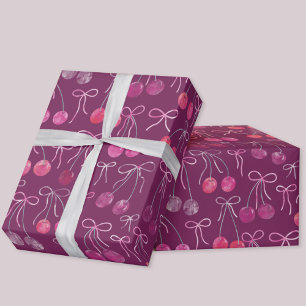 Papel De Regalo Patrón de acuarela de cerezas con lazos y moños