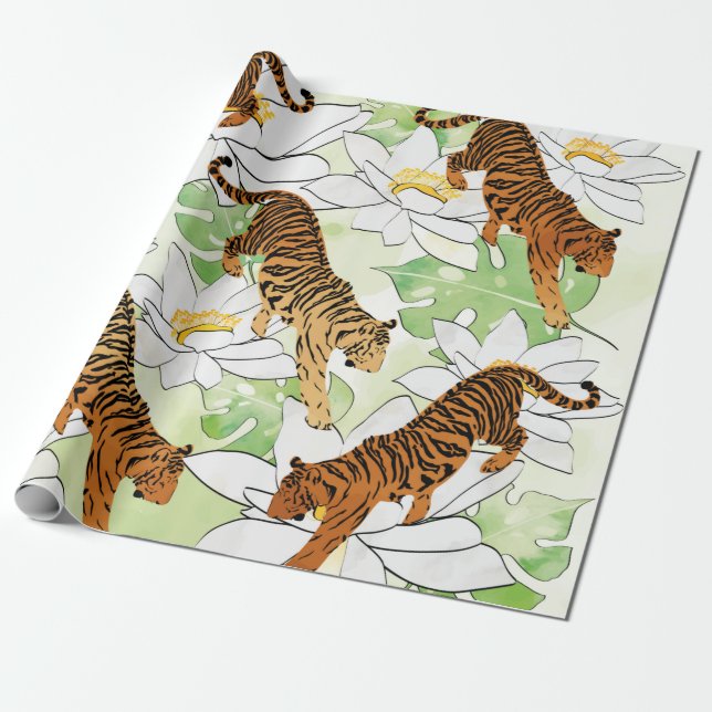 Papel De Regalo Patrón de acuarela de flores de tigre (Desenrollado)
