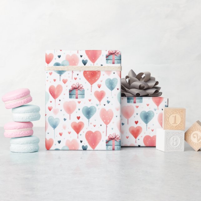 Papel De Regalo Patrón de acuarela de globos y regalos románticos  (Baby Shower)